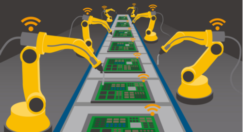 Cartoon image of robotic arms assembling printed circuit boards