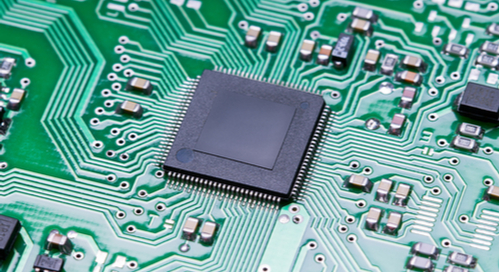 Close up microchip of a printed circuit board