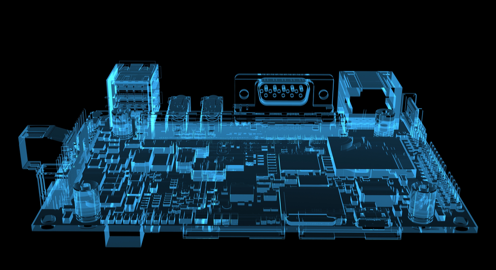 3D rendered x-ray image of motherboard