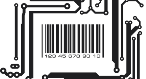 Picture of a bar code against a PCB background