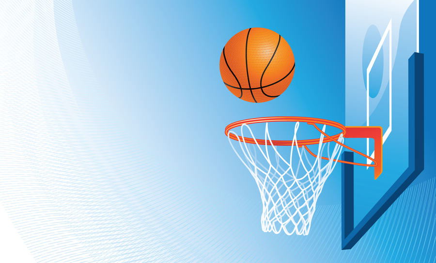 Basketball and hoop on sky background