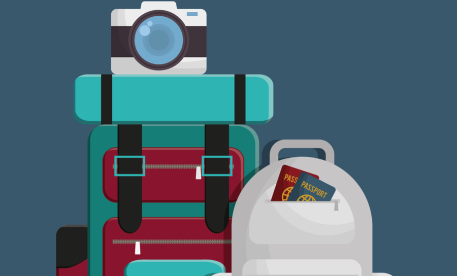 Picture of a suitcase with a camera and a backpack