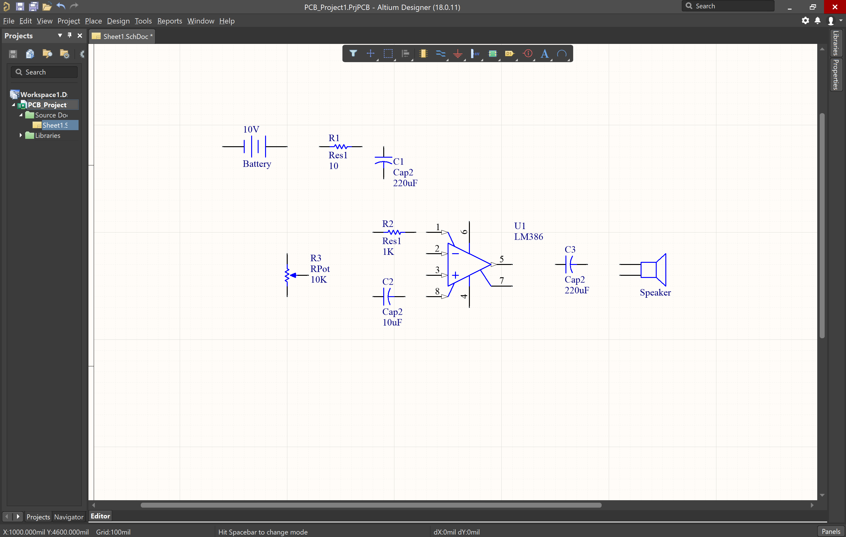 コンポーネントが配置されたAltium Designerの回路図の画像
