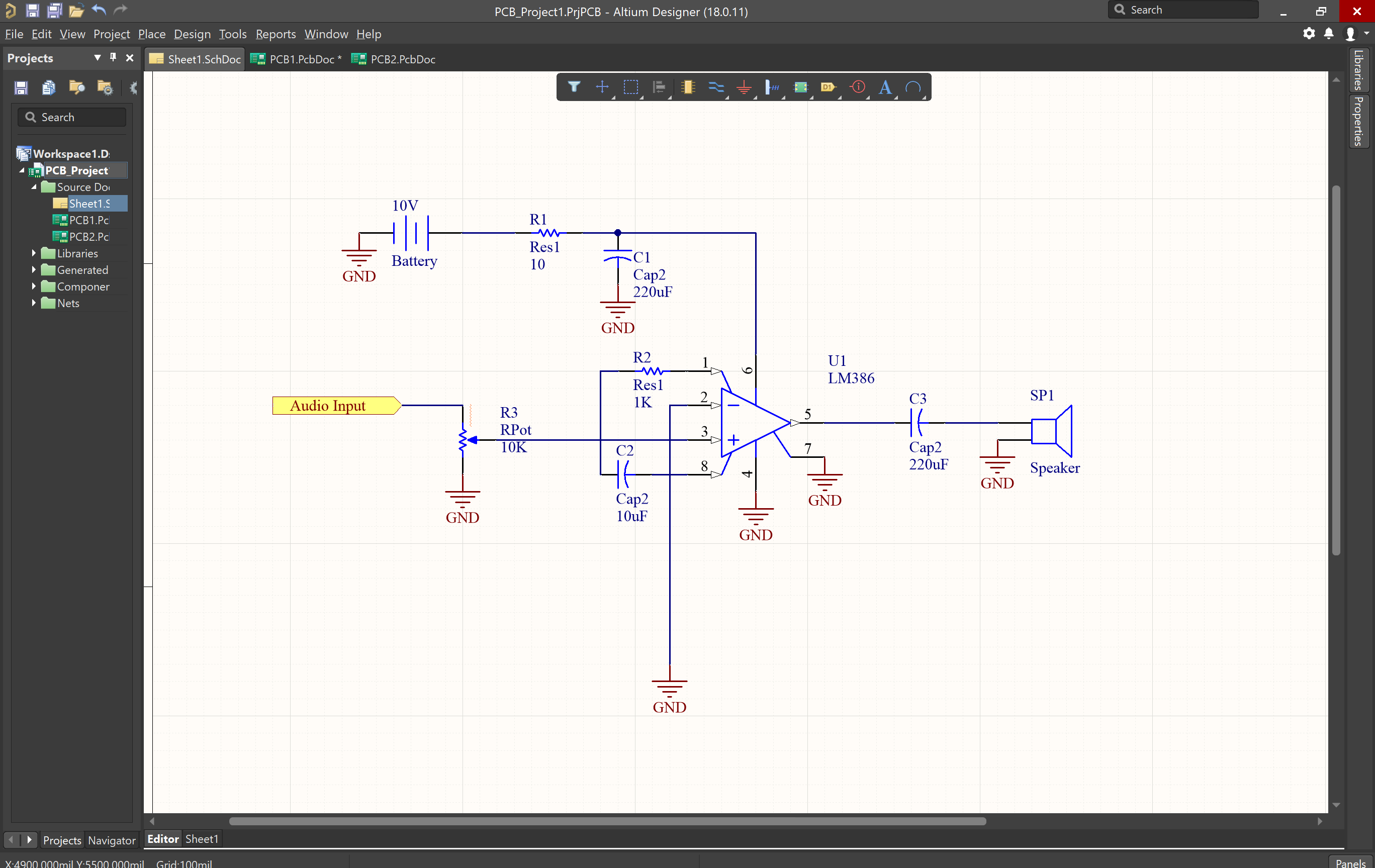 Schematic with components placed, routing, grounding, and a port