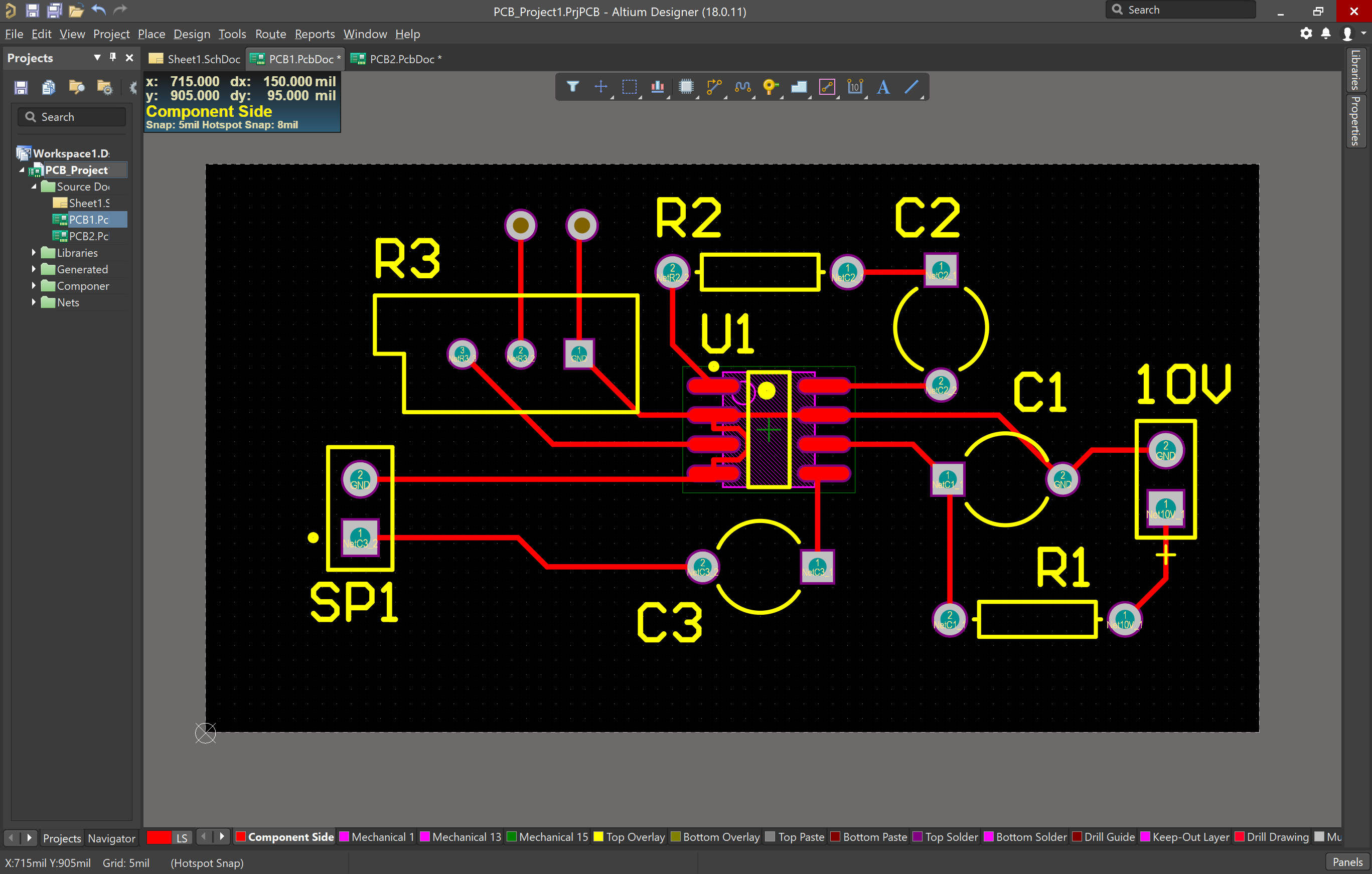 Fully routed and with vias added PCB in Altium Designer