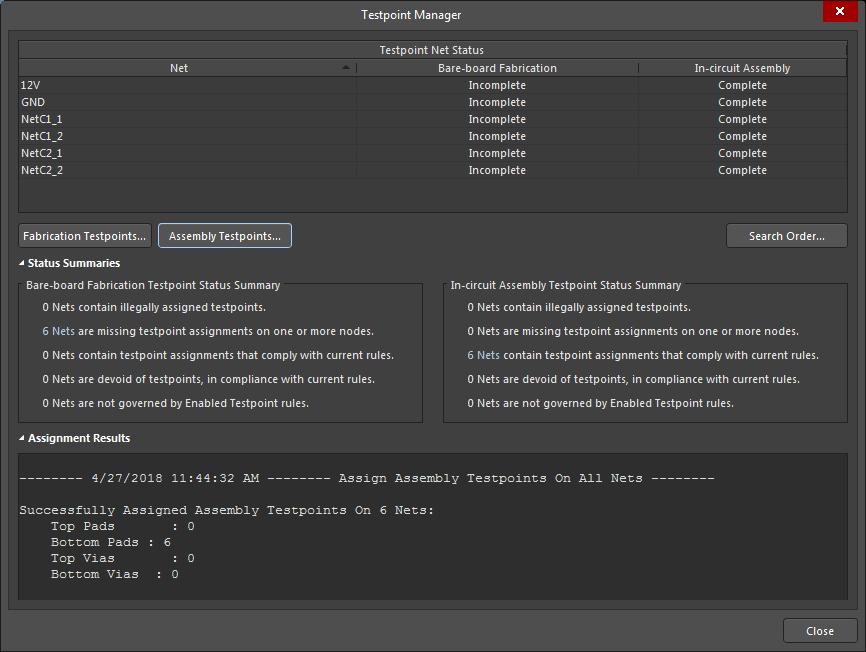Screenshot of AD18 testpoint manager menu with assignment successes
