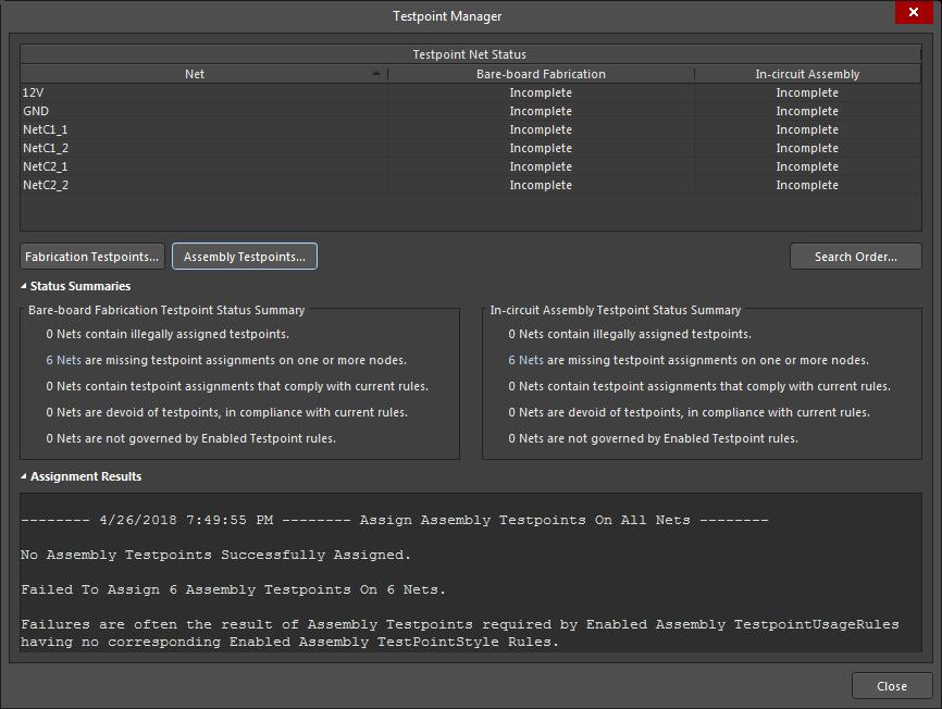 Screenshot of AD18 testpoint manager menu with assignment failures