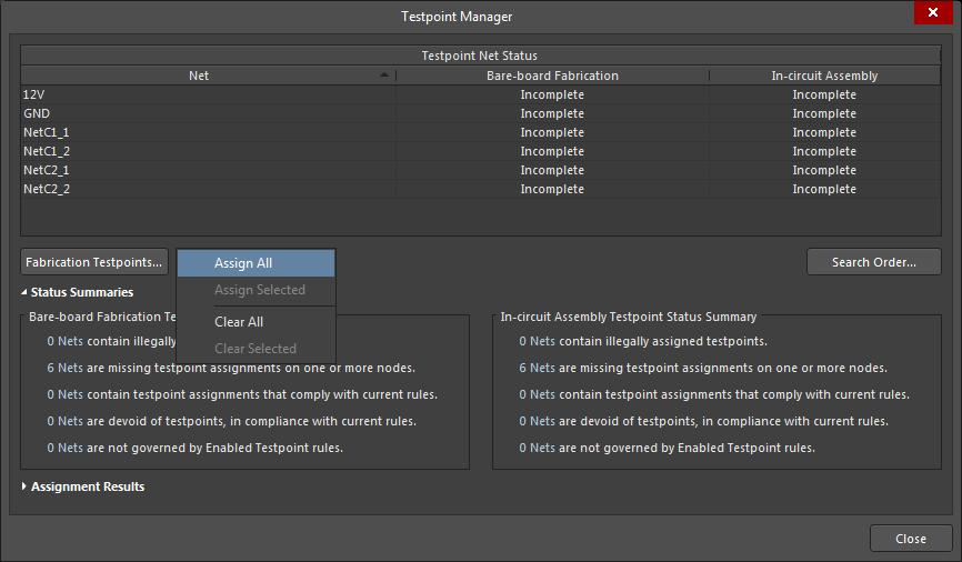 Screenshot of AD18 testpoint manager menu