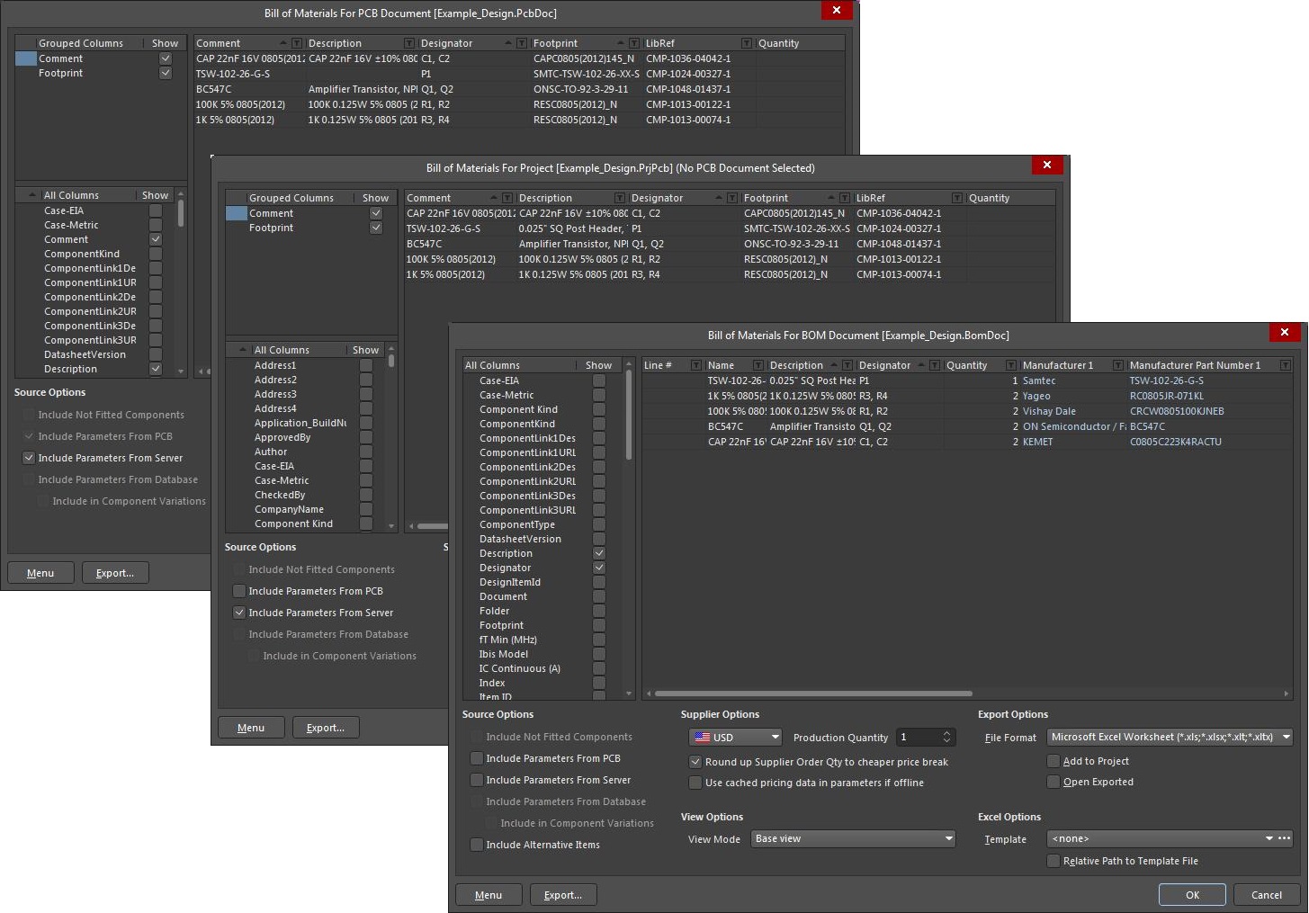 Capture d'écran des menus de rapport de nomenclature optimisée par AD18