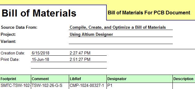 Altium Designer 18を使った部品表の最適化で表示される部品表見出しのスクリーンショット