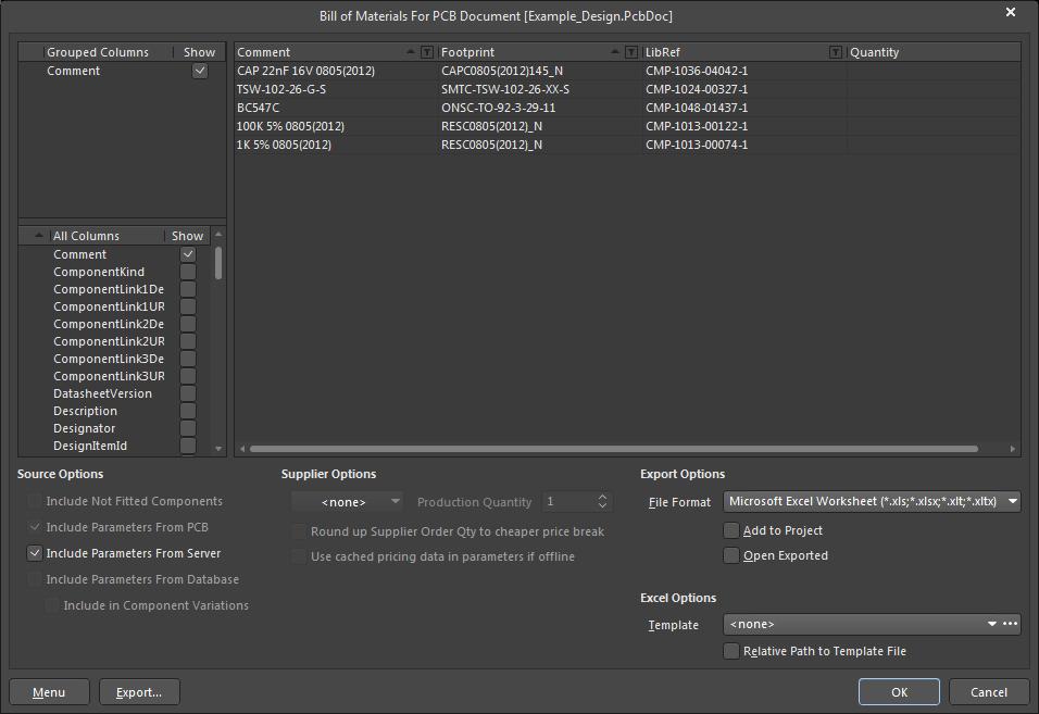 Capture d'écran présentant un rapport de nomenclature sans les colonnes « Description » et « Designator » pour les composants dans AD18