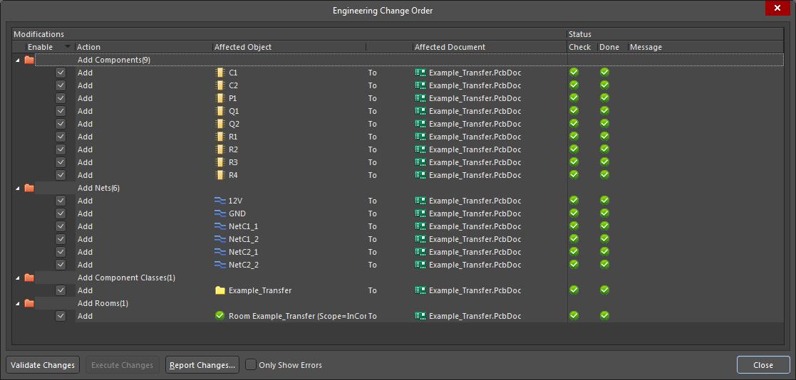 Altium Designer screenshot of ECO dialog completed in create PCB from schematic