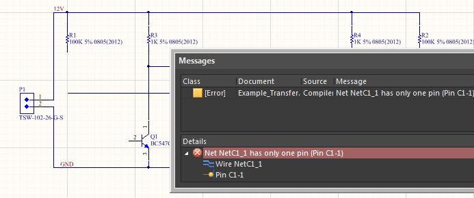  Altium Designer screenshot of compiler error in create PCB from schematic