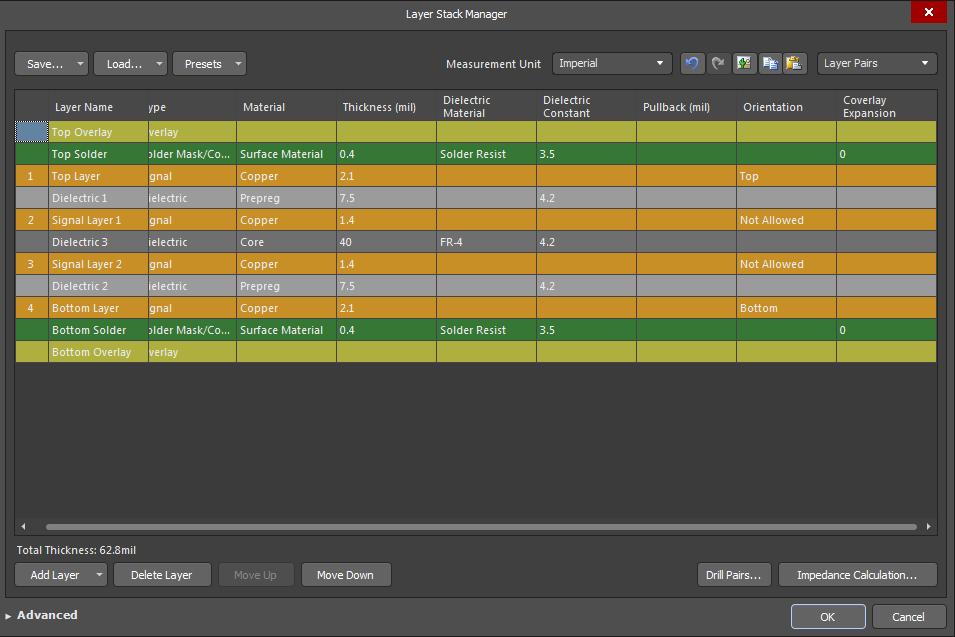 Screenshot of AD18 layer stack manager-4 in best uses for each layer