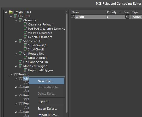 Screenshot of Altium Designer routing width rules in minimum trace spacing