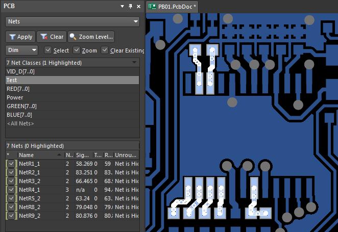 Screenshot of Altium Designer selecting nets by class in minimum trace spacing