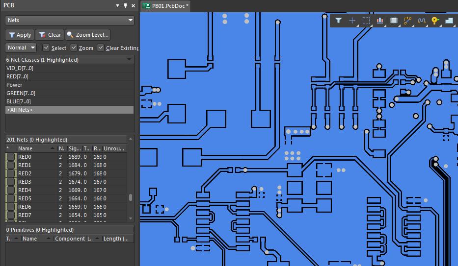 Screenshot of Altium Designer PCB panel “Nets” in minimum trace spacing
