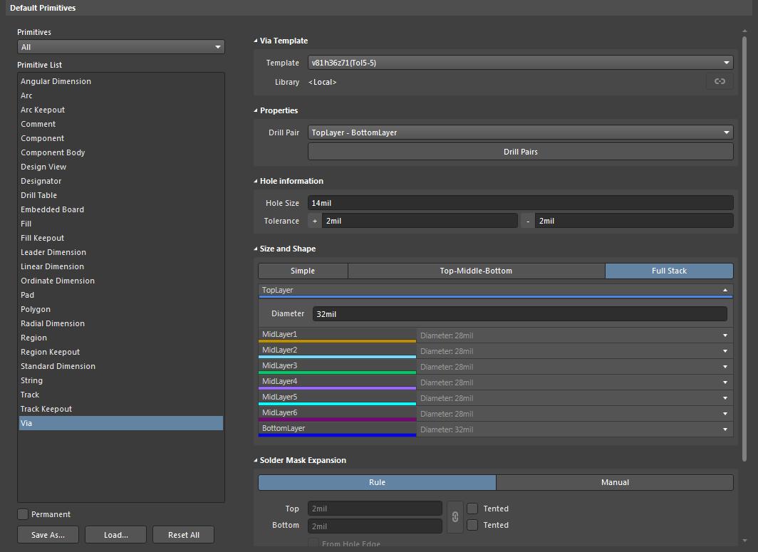 Configuración predeterminada para vías ciegas y enterradas en Altium Designer)