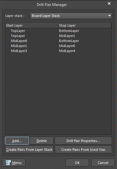 AD18 screenshot of the drill pair manager in blind and buried vias in Altium