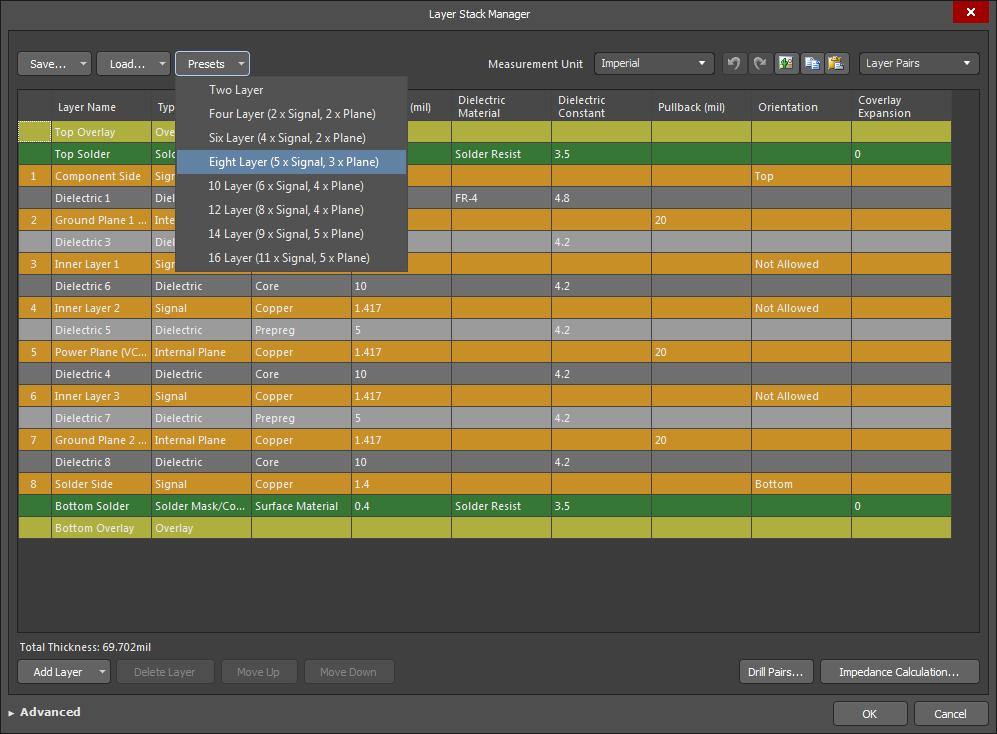 Screenshot of AD18 layer stack manager in rules-driven design