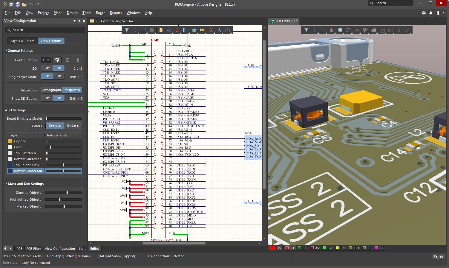 Screenshot of AD18 schematic and 3D layout in printed circuit board design software