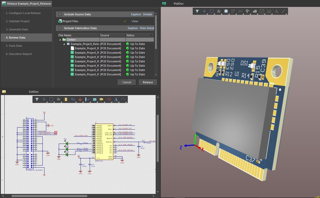 Screenshot of AD18 sch, 3D layout, and releaser in project release management