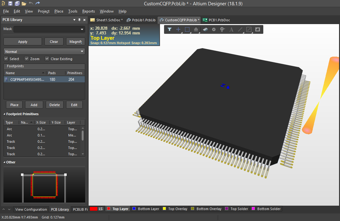 Screenshot of the 3D view of  a custom component in Altium 