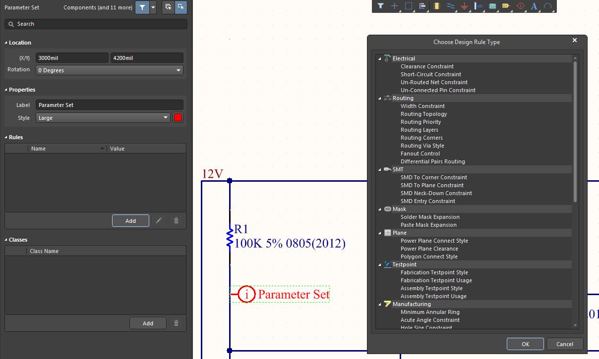 Screenshot of AD18 parameter set chose rule in net connection order