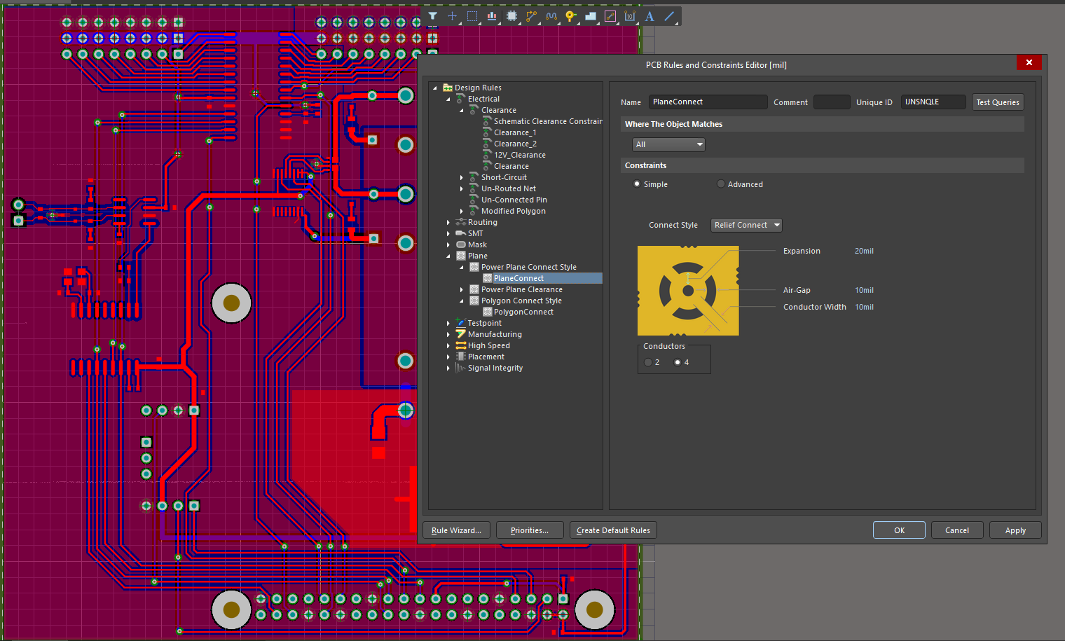 Altium’s Rules Manager directly commands rules for planes