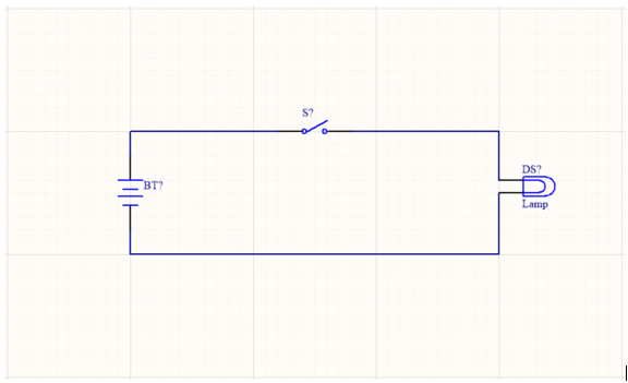 A schematic with a battery, a switch, and a lamp