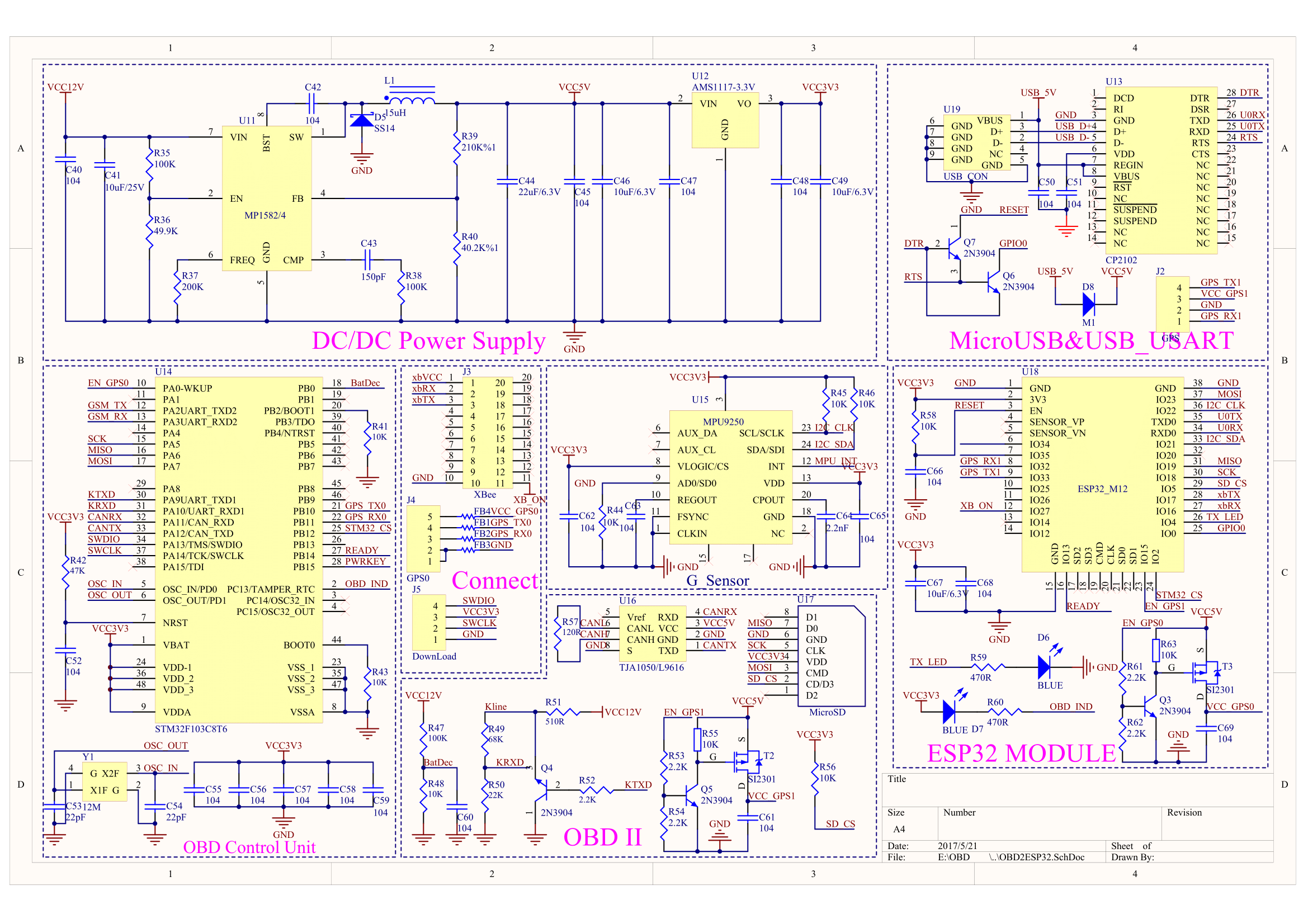 Diseño esquemático del sistema telemático automotriz Freematics ONE+