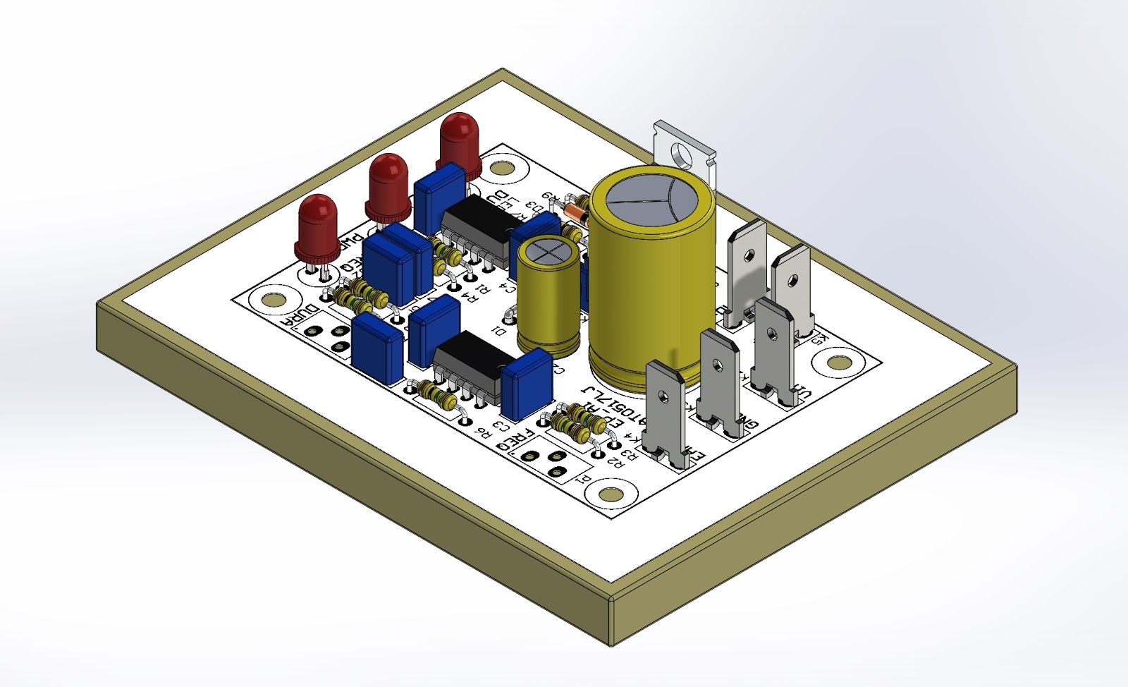 A 3D view of a through hole (THT) PCB for an audio amplifier.