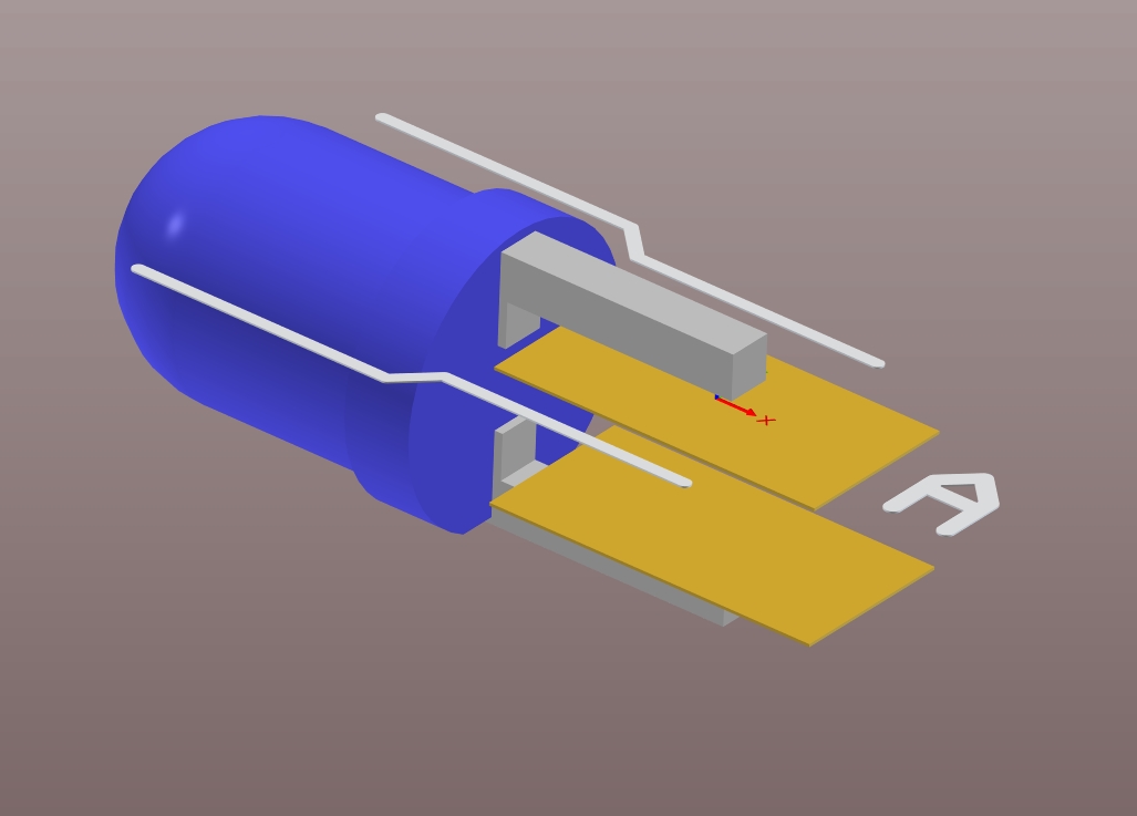 An LED placed sideways on a PCB with one pad on each of the top and bottom layers in 3D view of Altium Designer
