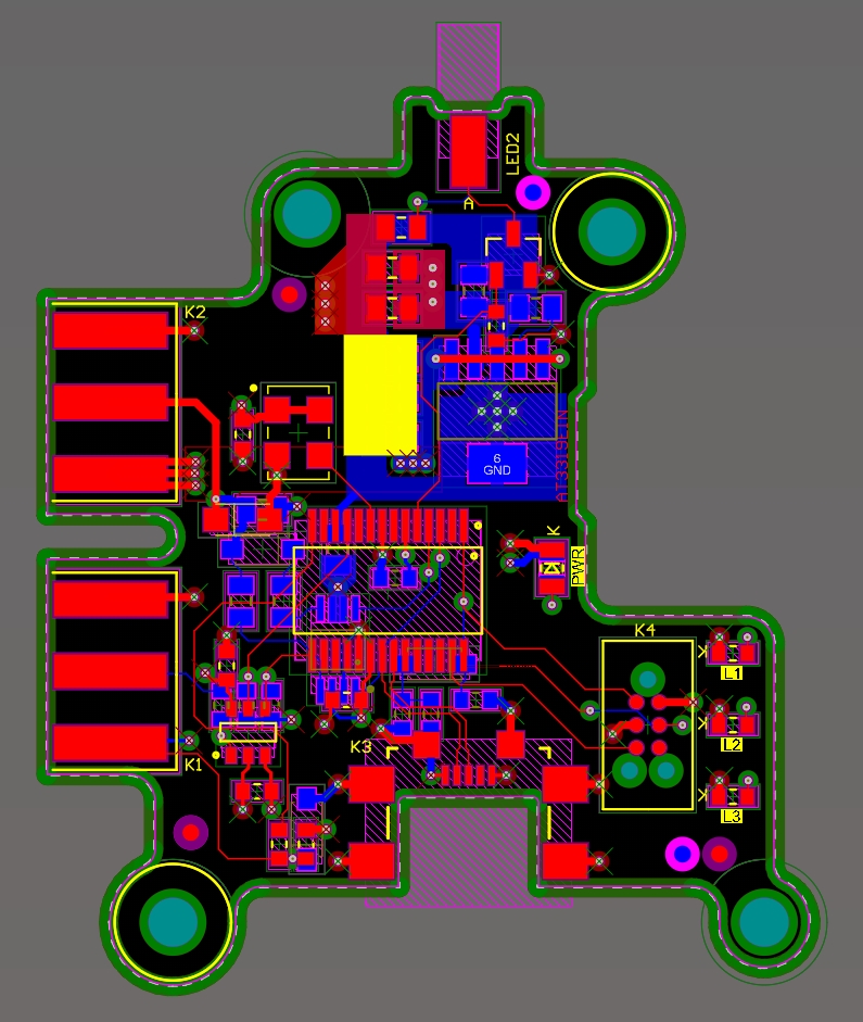 Three side-by-side images of a PCB in 2D layout mode, 3D layout mode, and high quality render mode
