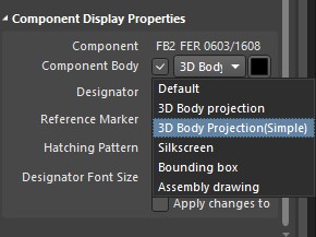 Altium Designer draftsman document component display properties window with component body menu open.