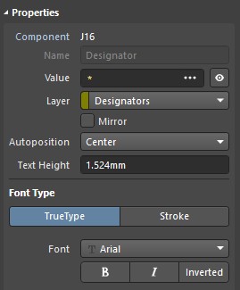 Properties panel showing component J16 designator set to center using true type font.