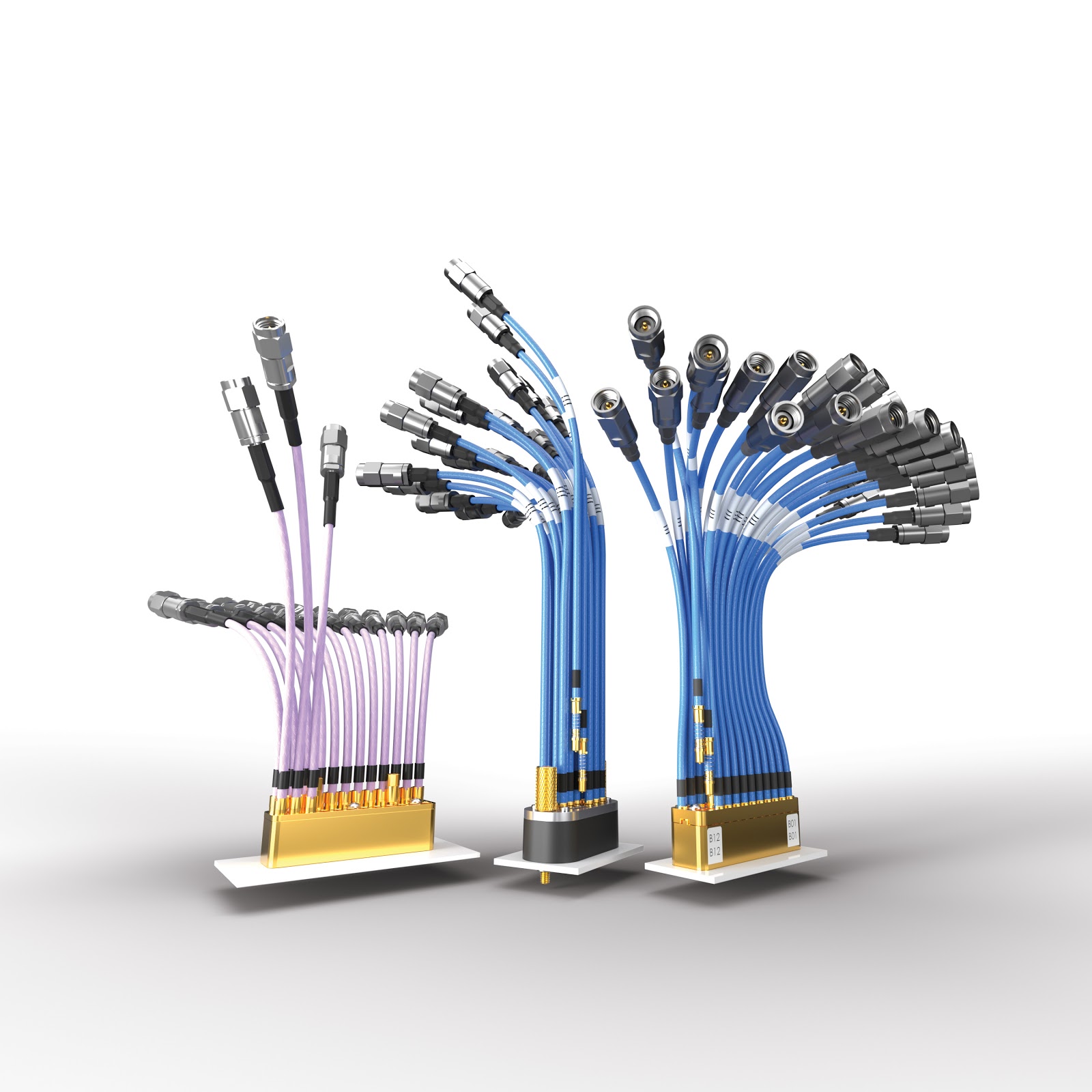 Multiple rendered images of Samtec BullsEye BE70 connector systems capable of 70GHz of bandwidth. Image courtesy of Samtec, Inc.