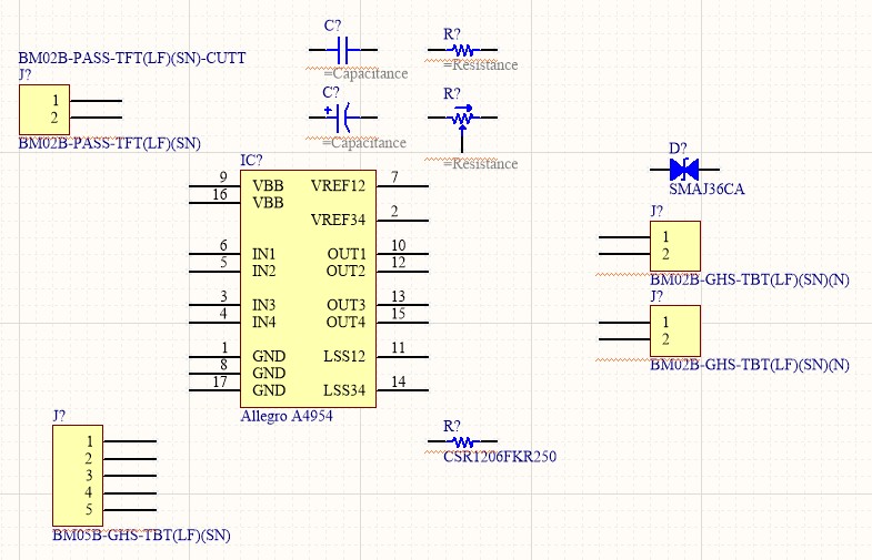 Screenshot of the starting schematic with just the components laid out showing the Allegro A4954 IC along with some passives.