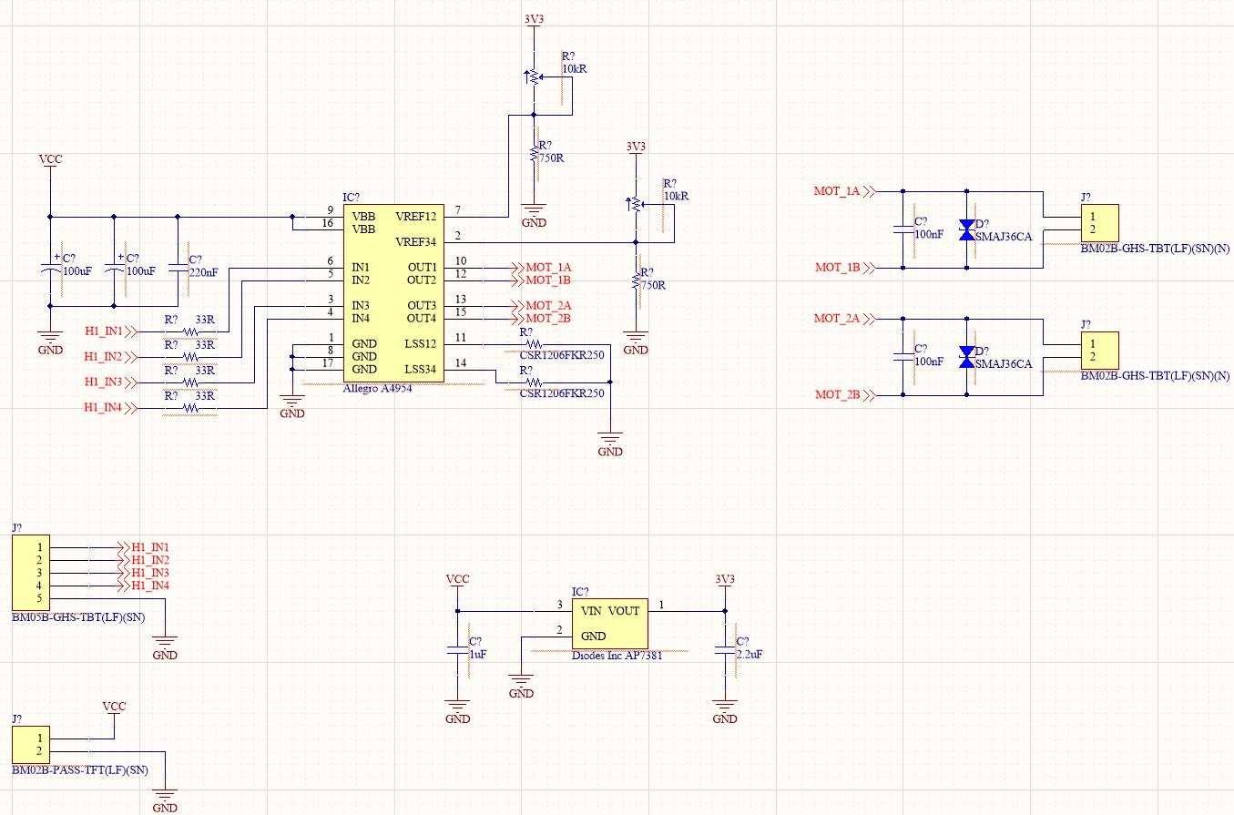 Screenshot of the schematic after it has been connected showing both IC, motor connectors, and passives connected.