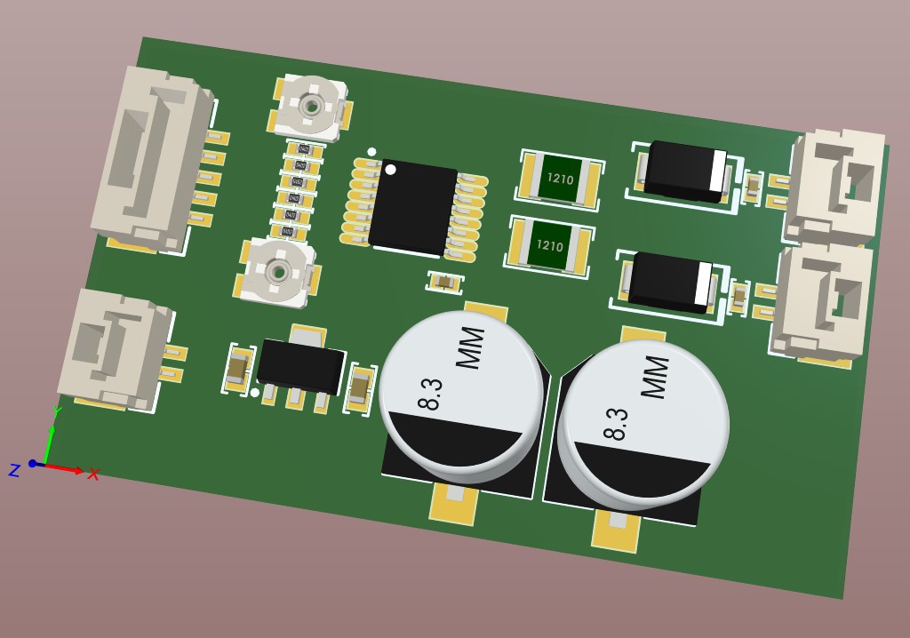 Altium Designer 3D view of the motor driver board after the tracks were added.