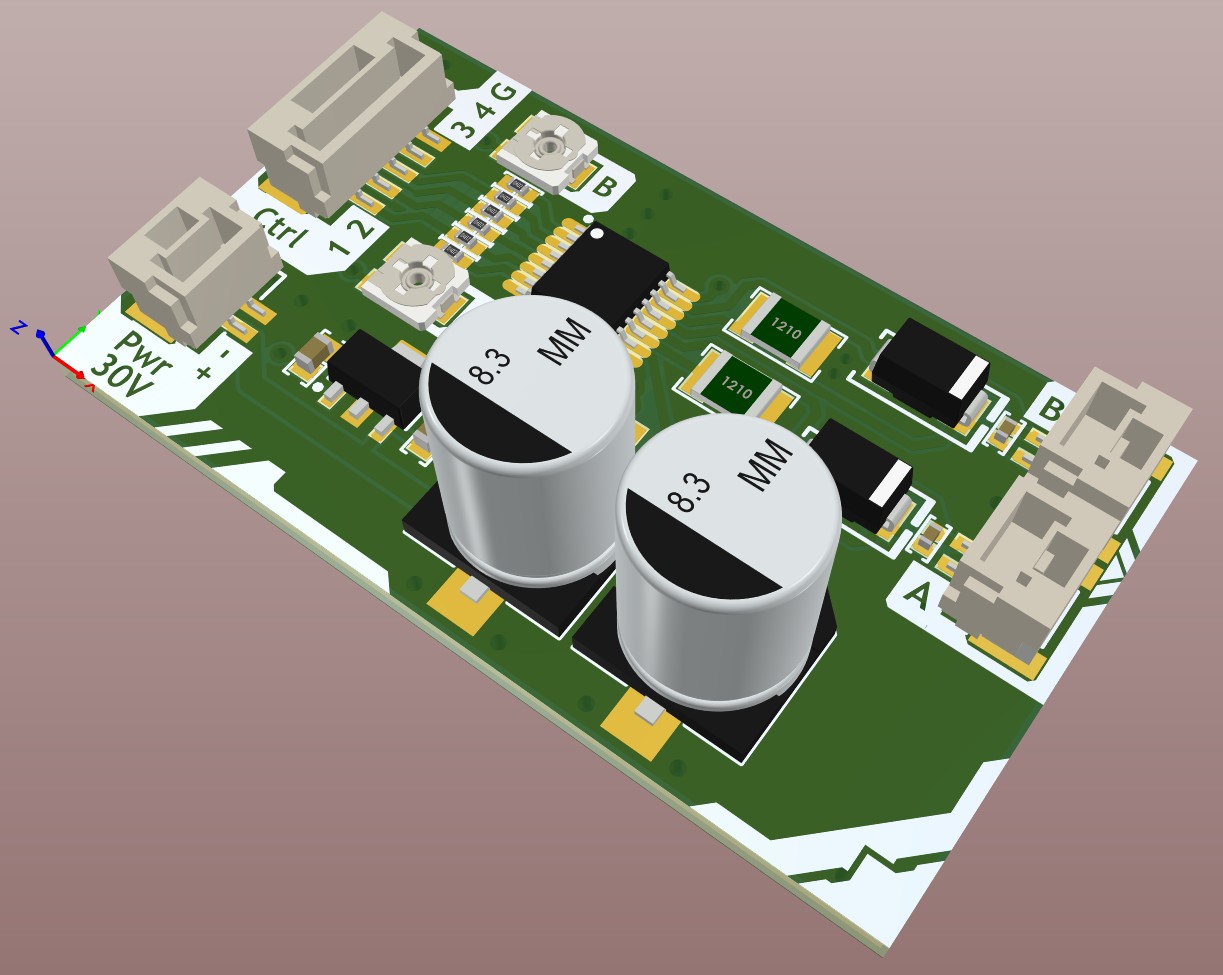 Altium Designer 3D view of the motor driver board after the tracks were added and the top overlay silk was printed.