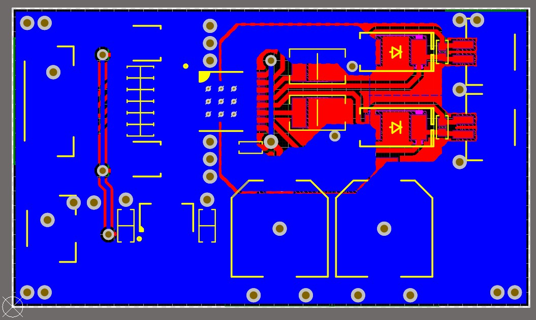 Altium Designer screenshot of the motor driver board after it has been routed, ground pours were added, and polygon cutouts were made, and showing top layer in red and bottom layer in blue.