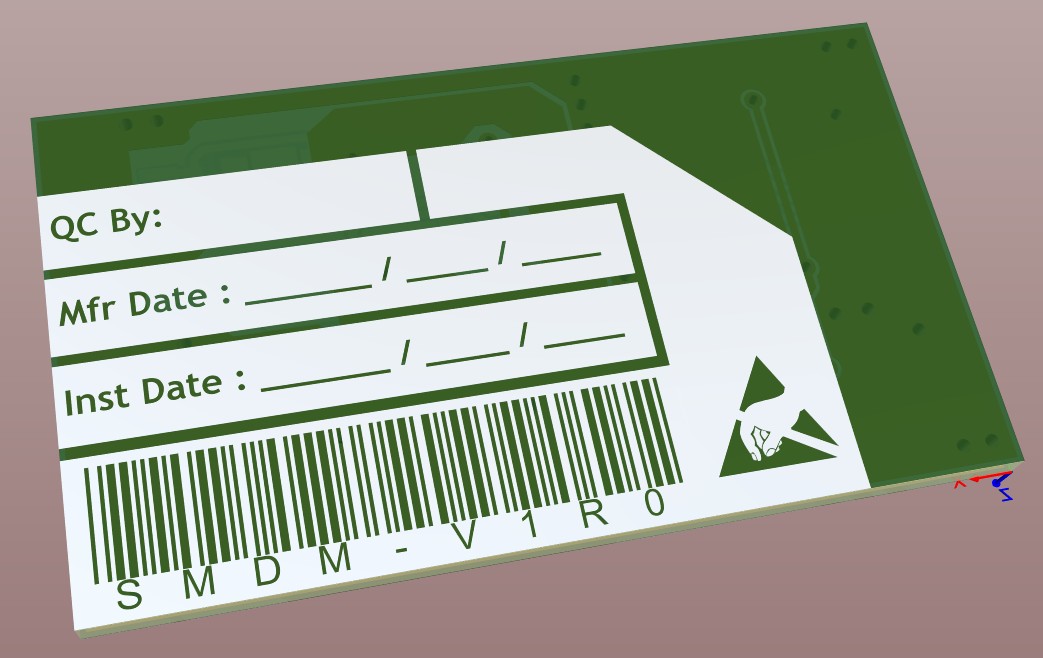 Altium Designer 3D view of the bottom motor driver board  featuring the bottom overlay silk showing various dates and a barcode.