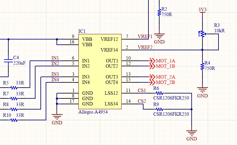Altium Designer screenshot showing a motor driver using the single IC Allegro A4954 along with some passives to drive 4 amps of current.