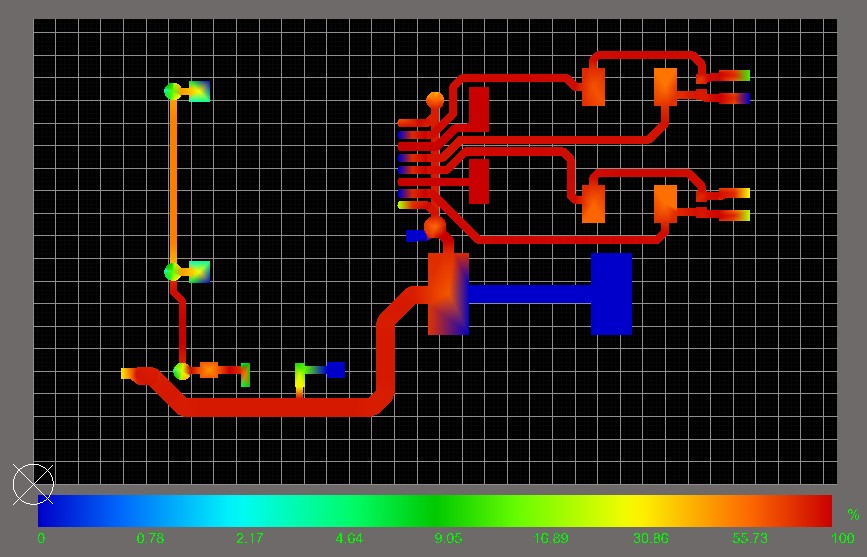 PDN Analyzer screenshot of a motor driver circuit with many traces appearing black instead of red because their current density exceeds the maximum specified current density in manual color configuration.