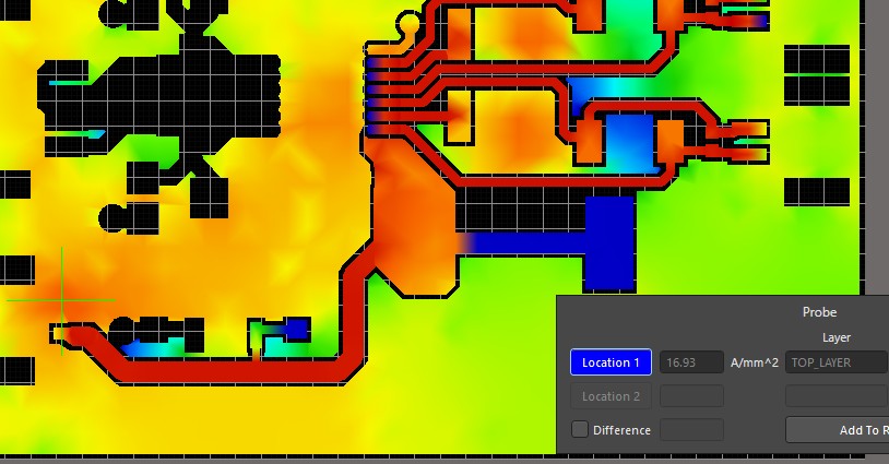 Altium PDN Analyzer screenshot of the hottest region of the top side copper polygon.