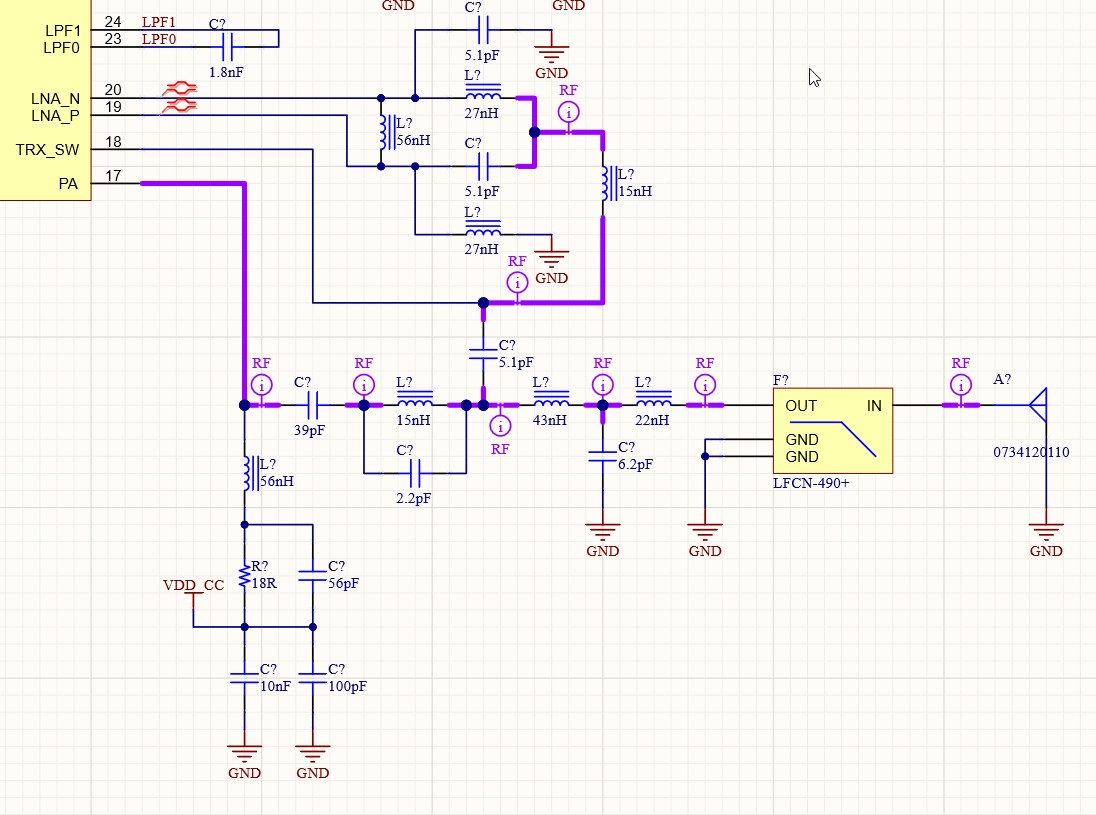 Schematic showing the CC1125 right side with wide magenta wires used for the RF network