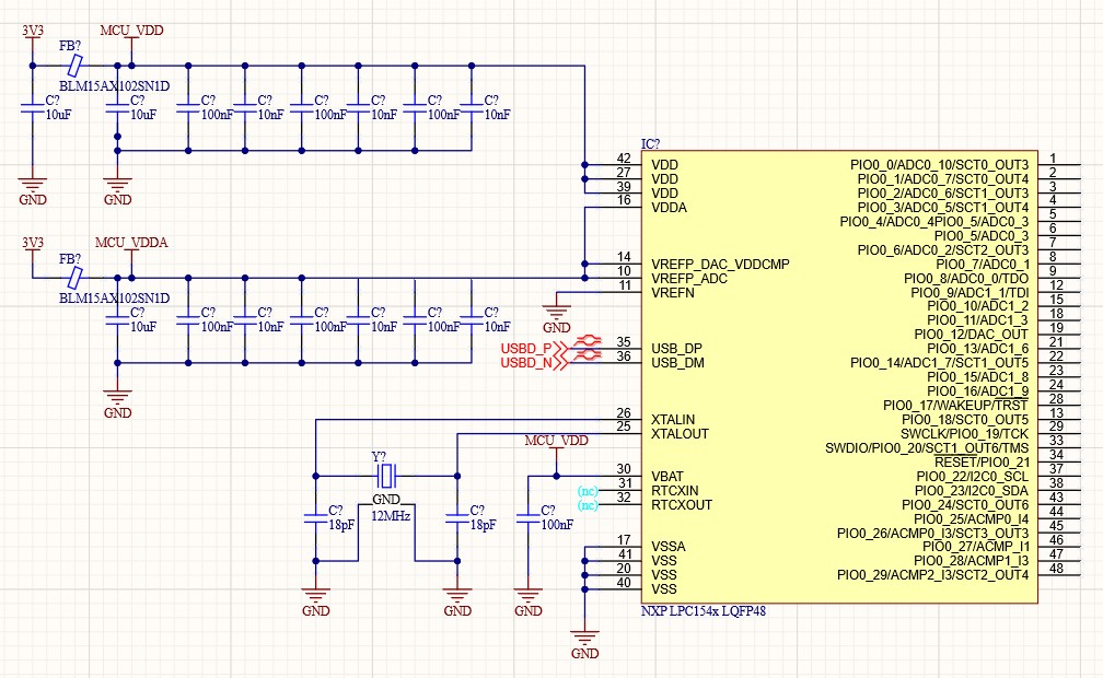 Schematic showing the NXP LPC1549 microcontroller with power and xtal - crystal oscillator - pins connected on the left side
