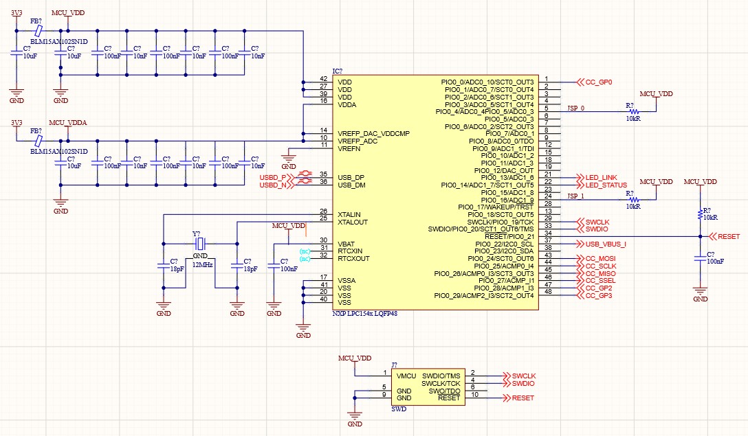 Schematic showing the NXP LPC1549 microcontroller with power and xtal - crystal oscillator - pins connected on the left side and logic function pins on the right side