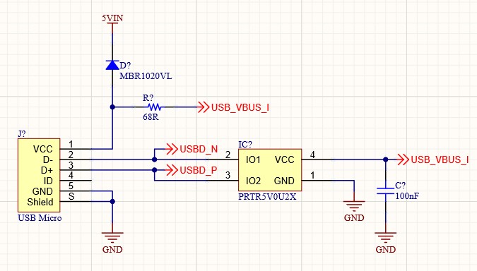 Schematic showing a USB Micro socket connected to a PRTR5V0U2X ultra low capacitance double rail-to-rail ESD protection diode